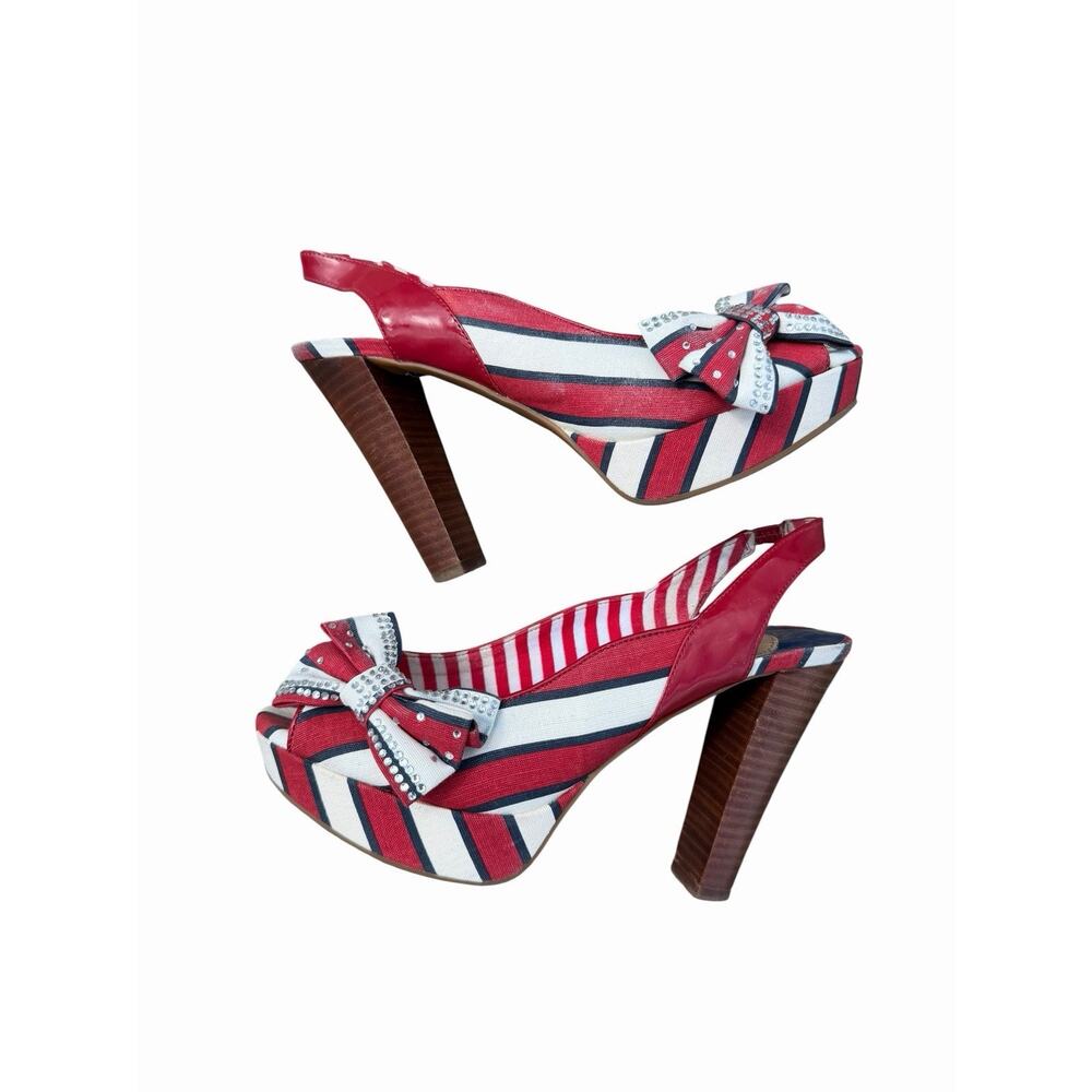 Gianni Bini Red White Blue Striped Bow Heels Pumps 4th Of July Patriotic 8 Sling - Picture 7 of 8